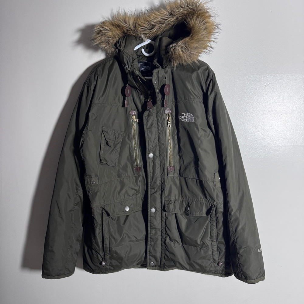 The North Face Parka Jacket Mens XL Olive Green 550 Down Faux Fur Hood